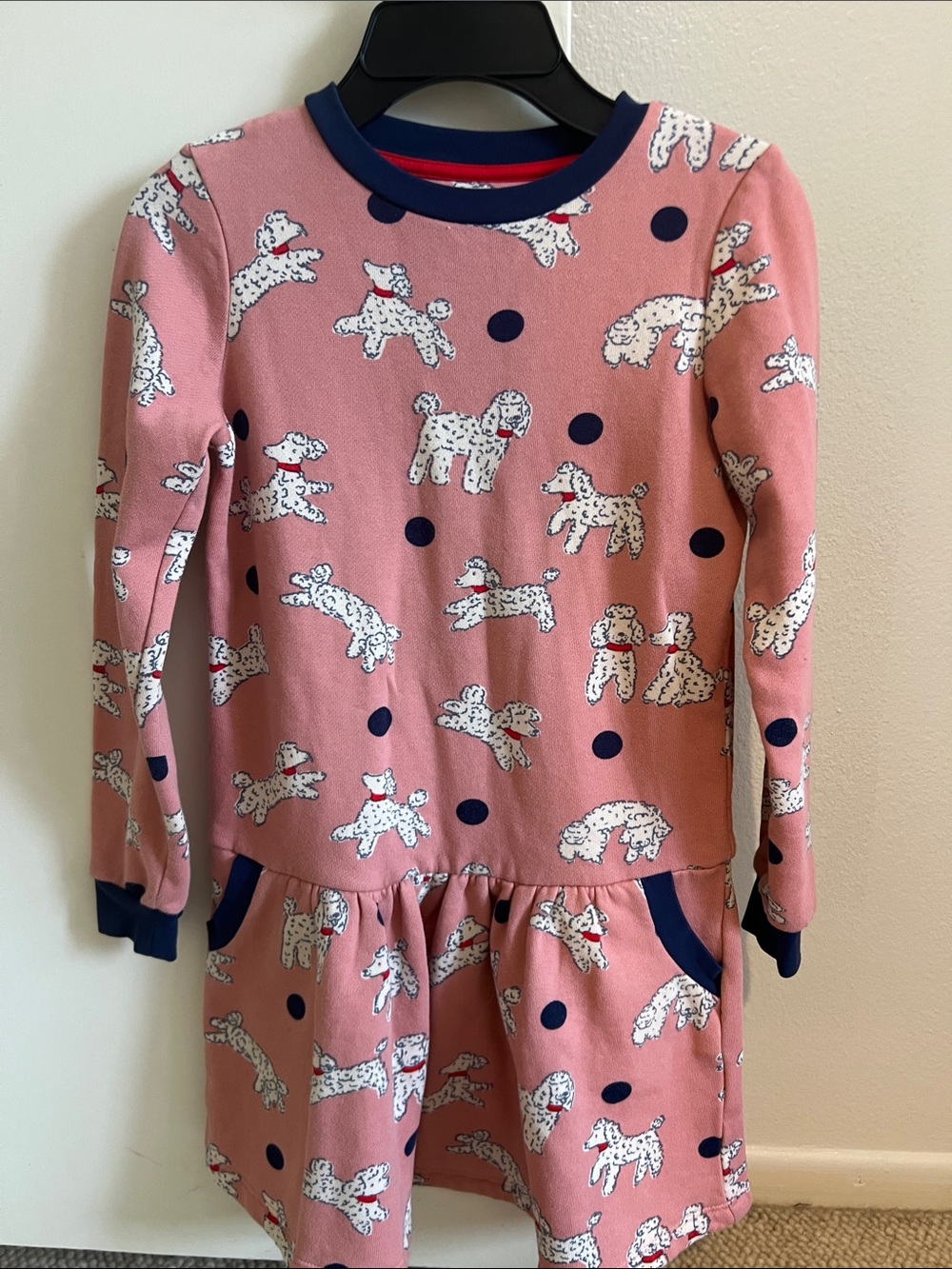 Mini Boden Pink Dress with White Puppy and Navy Dot Accents